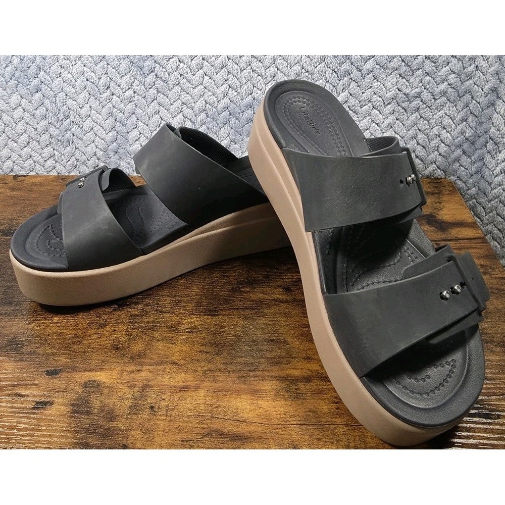 Crocs Womens Brooklyn Buckle Navy Lite Ride Wedge Slide Sandals Size 9 Dbl Strap - Picture 8 of 13